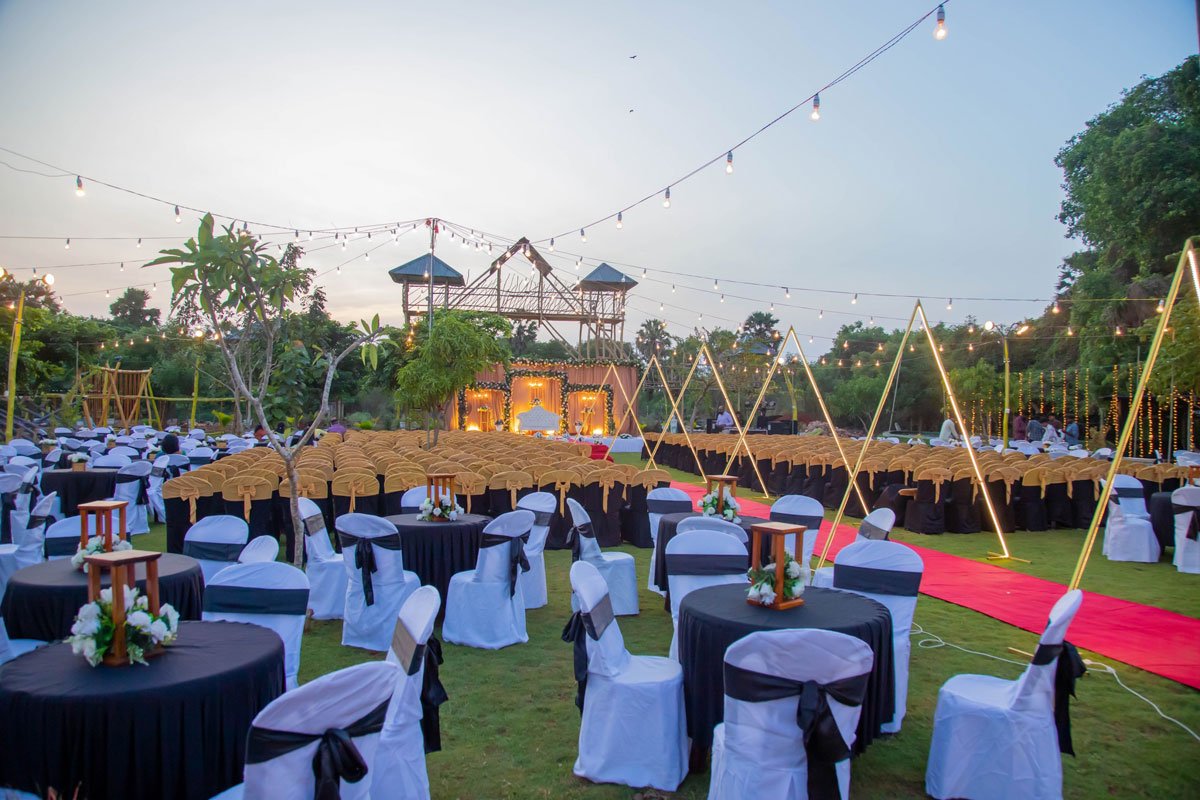 Outdoor celebration space surrounded by greenery